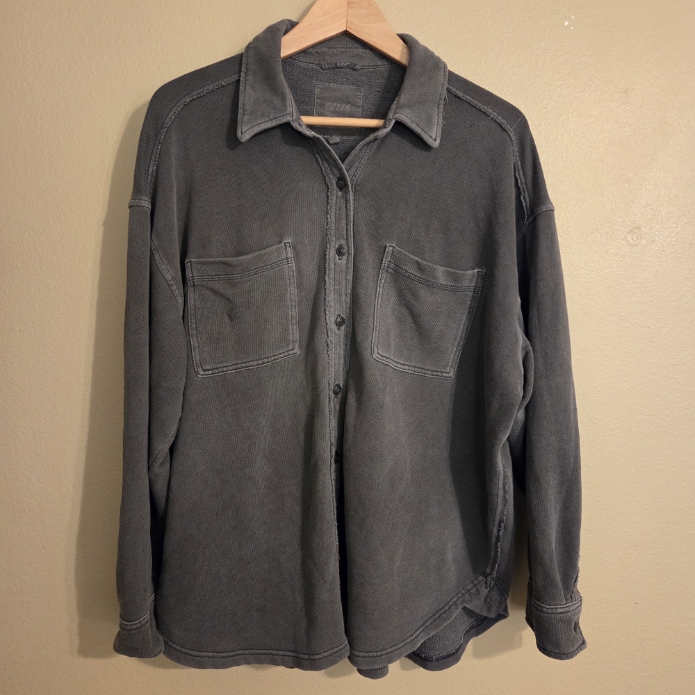 AERIE Charcoal Gray Oversized Cozy Button Down Sweatshirt Shacket Women's SZ S